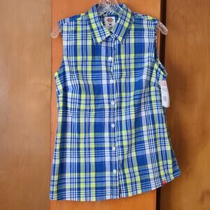 Womens Dickies Stretch Sleeveless Poplin Shirt Medium Blue White And Green NWT